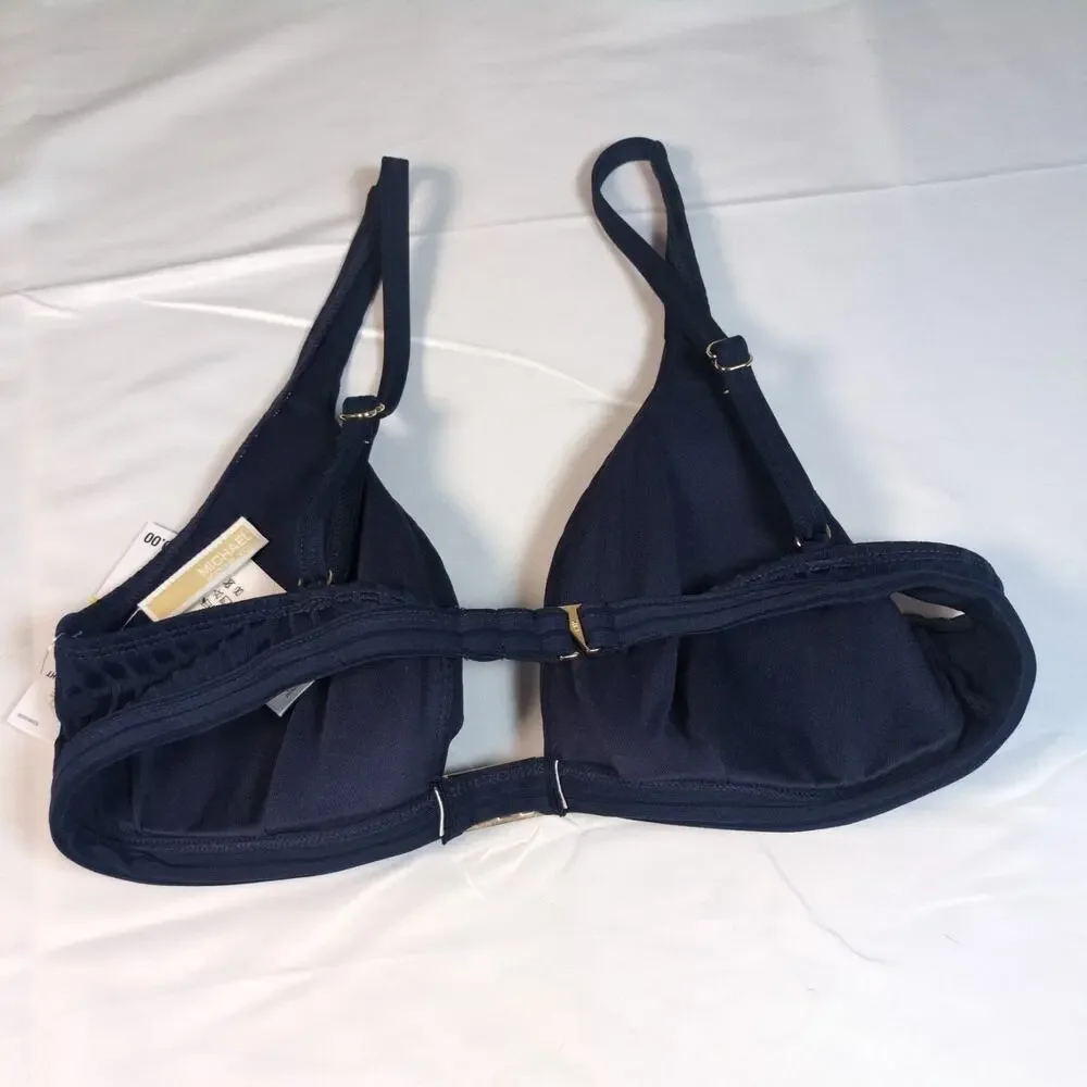 Michael Kors Bikini Top Womens Medium Navy Blue MK Gold Hardware Ribbed Swim Bra